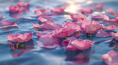 A close up of red rose petals floating in the water. Sense of serenity an spiritual meditation, AI