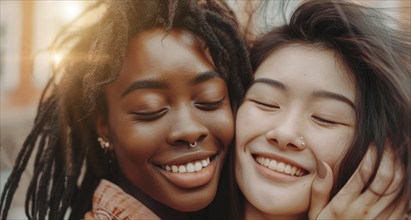 Interracial lesbian LGBTQ couple with long hair and smiling. Concept of inclusivity, AI generated