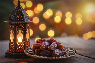 Ramadan lantern with a plate of succulent figs on bokeh background, set on an ornate table with