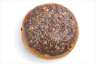 Homemade glazed and decorated chocolate easter pie isolated on a white background. Top view, flat