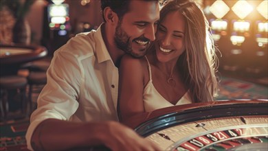 Attractive couple playing roulette at casino table, gambling money and placing bets, AI generated