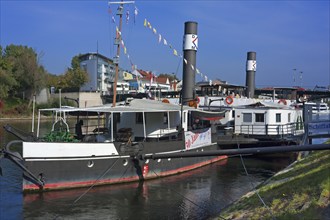 Danube Shipping Museum, old steamboats at anchor on the Danube, Regensburg, Upper Palatinate,