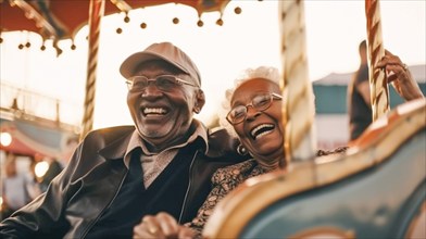 Happy senior african american couple enjoying an afternoon at the carnival, generatvie AI, AI