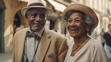 Happy elderly african american couple enjoying a walk along the european streets during thier