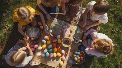 Several children decorating easter eggs at the table together, generative AI, AI generated