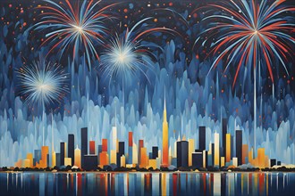 Minimalist, geometric skyline at night, with subtle fireworks in the sky, represented by colorful