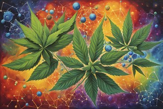 Abstract painting of chemical structure of thc and cbd interlocking geometric shapes, AI generated