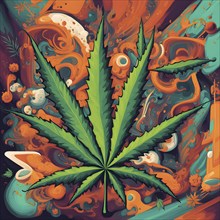 Abstract composition of a cannabis cafe with ambiance bold contrasting colors and playful shapes,