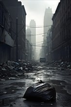 Plastic garbage bag abandoned of a desolate empty city street, AI generated