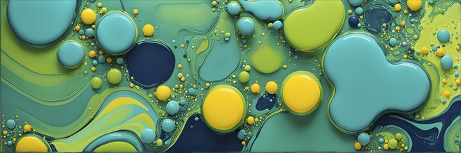 Abstract wallpaper with colorful blobs and liquid shapes on a green background, AI generated