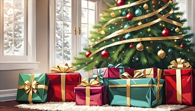 Abstract illustration of wrapped Christmas gifts, shiny ribbons and bows, stacked under a evergreen