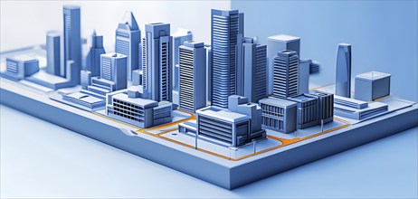 Three dimensional rendering of a model of a city with skyscrapers, AI generated