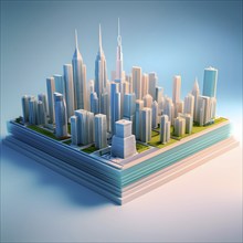 Three dimensional rendering of a model of a city with skyscrapers, AI generated