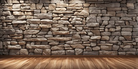 Three dimensional rendering of natural stone wall and wooden floor, AI generated