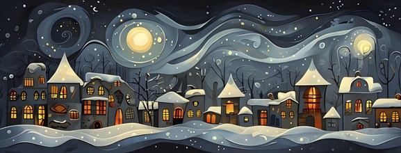 Cozy winter night scene with abstract forms representing a snow-covered village, AI generated