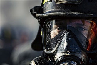 Face of firefighter with helmet. Generative Ai, AI generated