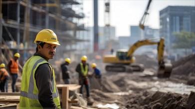 Portrait of a male construction worker wearing a yellow helmet, AI generated