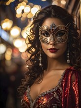 Young woman at venetian masquerade with ornate mask, AI generated