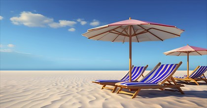 Three dimensional render of deck chair and beach umbrellas on deserted beach in summer, AI