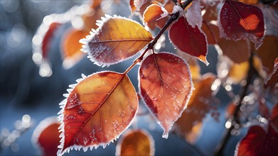 Detailed close-up of frost patterns on colored autumn leaves, AI generated