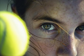 Close up of woman's eye with tennis ball. Generative Ai, AI generated