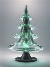 A three dimensional rendering of a futuristic Christmas tree made of glowing, semi-transparent