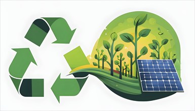 Recycling symbol morphing into growing plants and solar cells to symbolize the transformation of