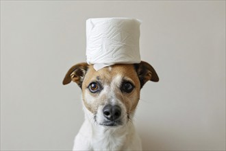 Dog with roll of toilet paper on head. KI generiert, generiert AI generated