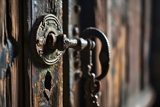 Detail of an old rusted lock on a wooden door, AI generated