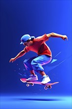 Skateboarder in dynamic jump abstracted into fluid shapes that capture elegance and dynamic in