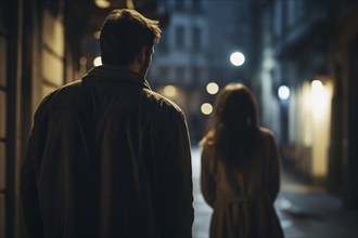 Man walking behind woman in dark city street. KI generiert, generiert, AI generated