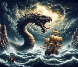 Mythology, mythical creatures, a sea monster, a giant sea serpent, threatens a sailing ship at sea,