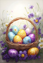 Abstract illustration of of vibrant-colored Easter eggs in a wicker basket, surrounded by delicate