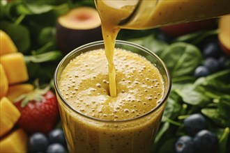 Close up of orange healthy smoothie drink being pured into a glass. Generative Ai, AI generated