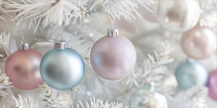 Close up of beautiful iridescent bauble ornaments on branches of white christmas tree. Generative