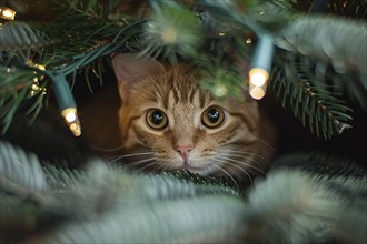 Cute cat between branches of traditional Christmas tree with electric light chain. Generative Ai,