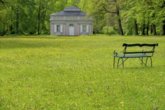 Bench in the park of Schloss Fasanerie, Eichenzell, Hesse, Germany, Europe