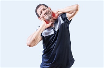 Elderly person suffering with neck pain isolated. Mature man with neck tension isolated. Neck pain