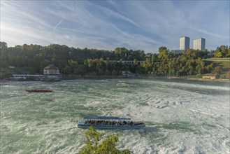 Rhine Falls seen from Schloss Laufen, tourist boats, Restaurant Schlössli Wörth, rapids, Canton