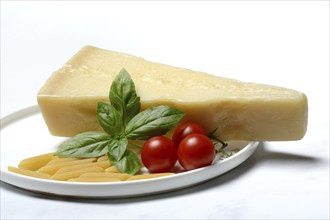 A piece of parmesan cheese with basil, pasta and tomatoes, Italy, Europe