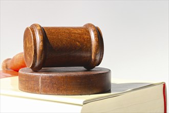 Book and judge's gavel as a symbolic image for a court judgement