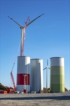 Assembly of a wind turbine, the last rotor blade is being mounted, mobile crane, wind turbine from