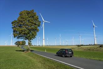 Country road, wind farm above the village of Lichtenau, self-proclaimed energy town, Paderborn