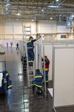 Construction of a vaccination centre for corona vaccinations, in a hall at Messe Essen, by the