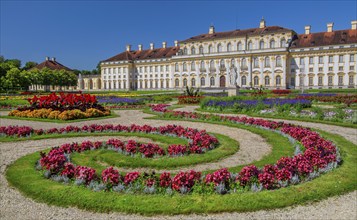 Garden parterre with flowerbeds in front of the New Palace in the Schleissheim Palace complex,