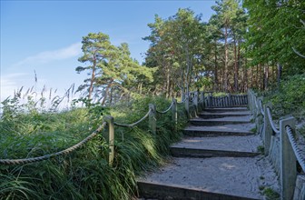 Steps on the walkway bordered by railings to the beach in the Wolin National Park, also known as