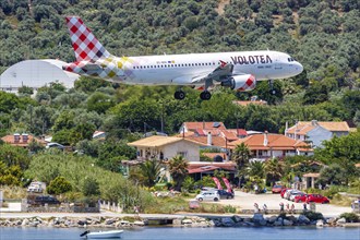 A Volotea Airbus A320 aircraft with the registration EC-NUO at Skiathos Airport, Greece, Europe