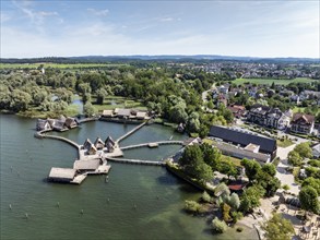 Aerial view of the pile dwellings, Lake Dwelling Museum, Open Air Museum Unteruhldingen,