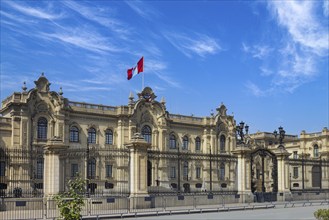 Lima, Peru, Government Palace on colonial Central plaza Mayor or Plaza de Armas in historic center,