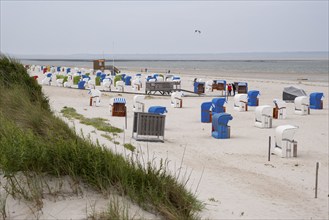 Empty beach chairs on the sandy beach, kitesurfer on the North Sea, Utersum, Föhr, North Sea